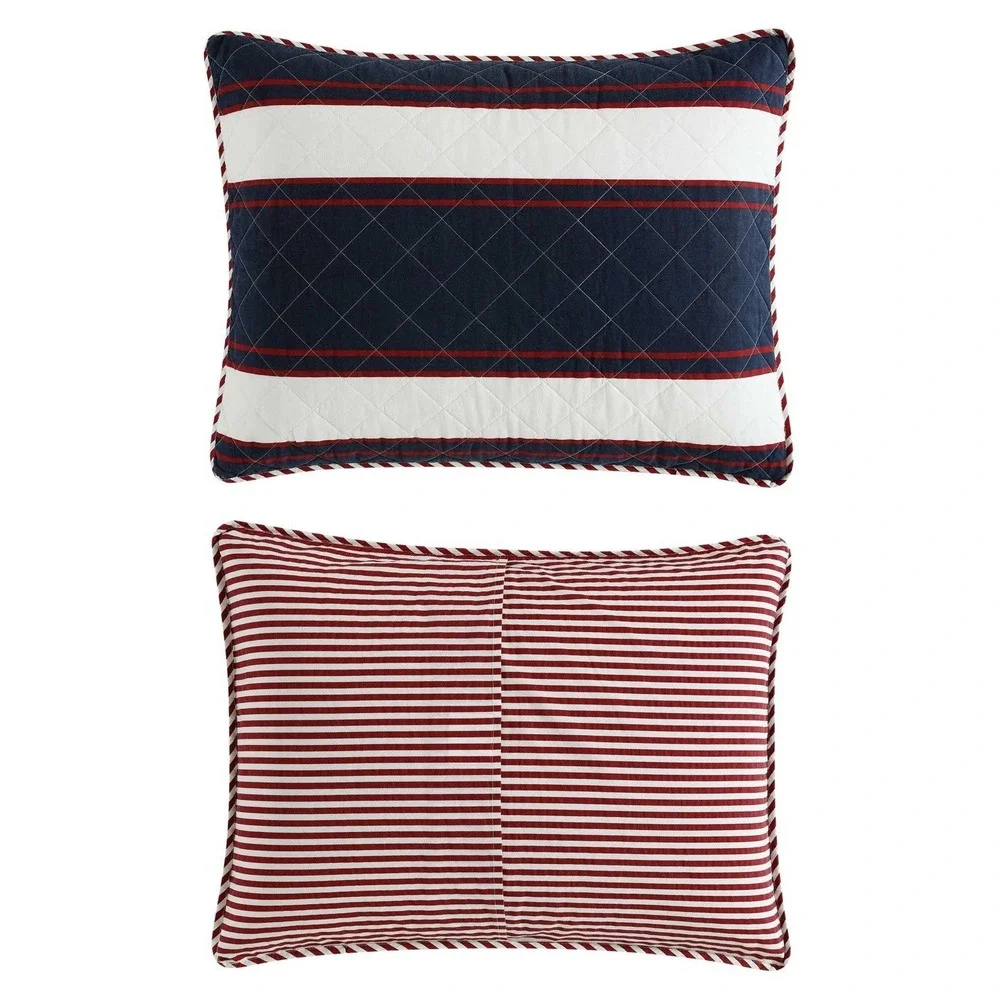 Nautica Twin Quilt Set Marina Stripe Navy Blue White Red Reversible Cotton 2 Pc